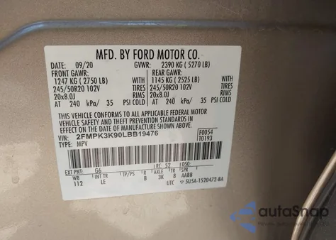 2020 Ford Edge Titanium z USA, uszkodzony, nr VIN 2FMPK3K90LBB19476